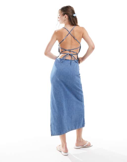 Bershka - Denim maxi jurk met bandjes in blauwe wassing, 4 van 4