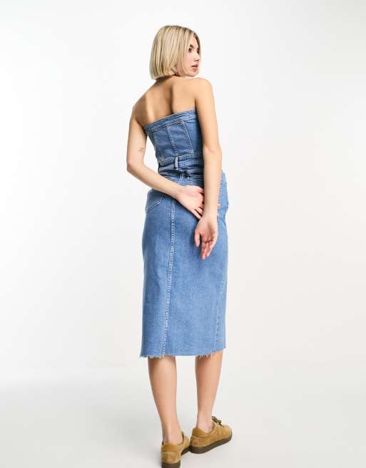 Bershka - Denim midi bandeau-jurk met split aan de voorkant in middenblauw, 2 van 4