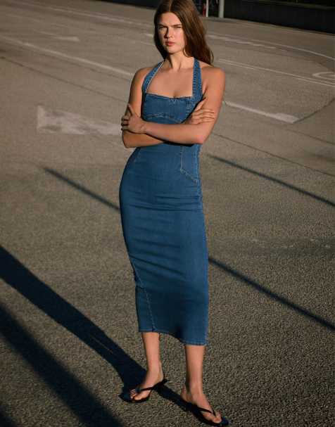 Bershka Denim midi dress in mid blue
