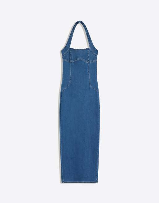 Bershka Denim midi dress in mid blue | ASOS