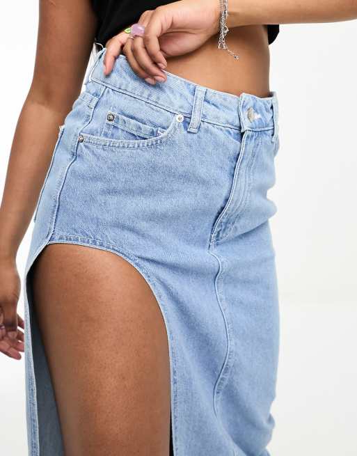 Bershka - Denim midi rok met zijsplit in lichte wassing, 2 van 4