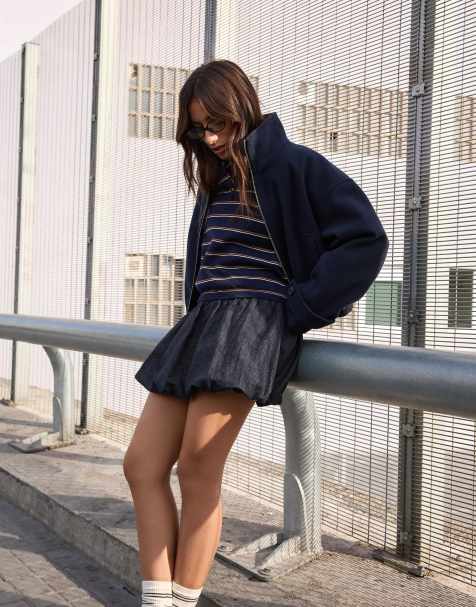 Bershka - Denim mini rok met ballonzoom in blauw - view 1