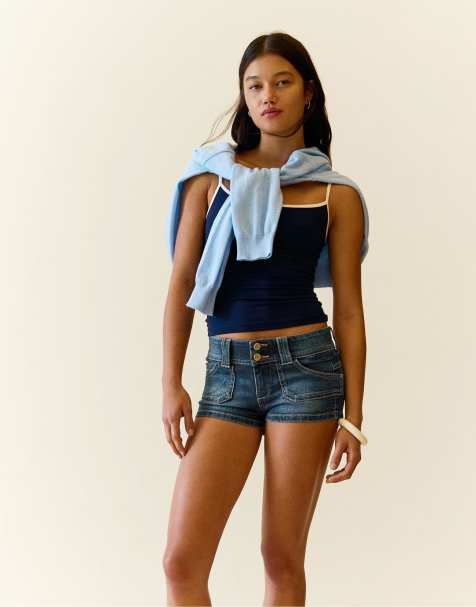 Bershka Denim mini shorts in mid blue - view 1