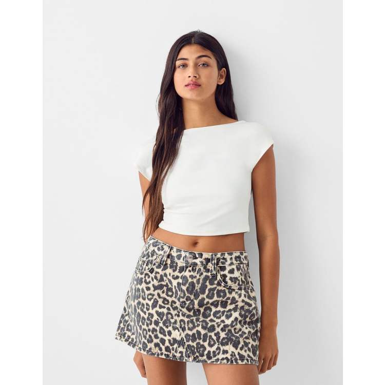 Bershka Animal Print Denim Mini Skirt Women 02 Beige