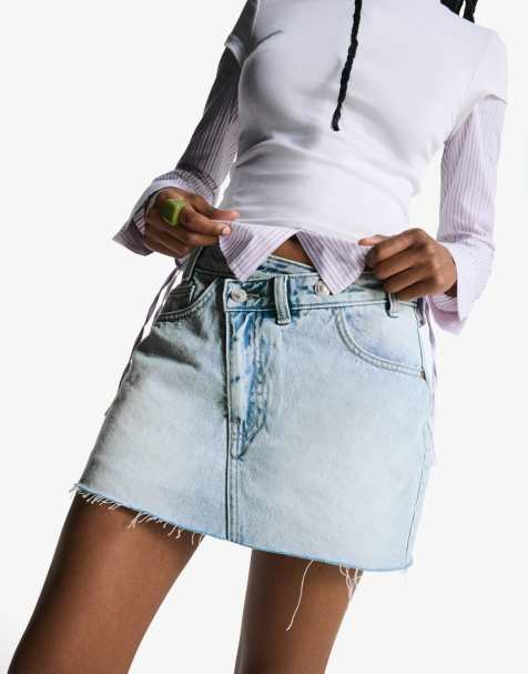Bershka denim mini skort in mid blue
