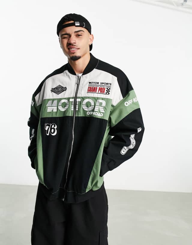 Bershka denim motocross jacket in black and green