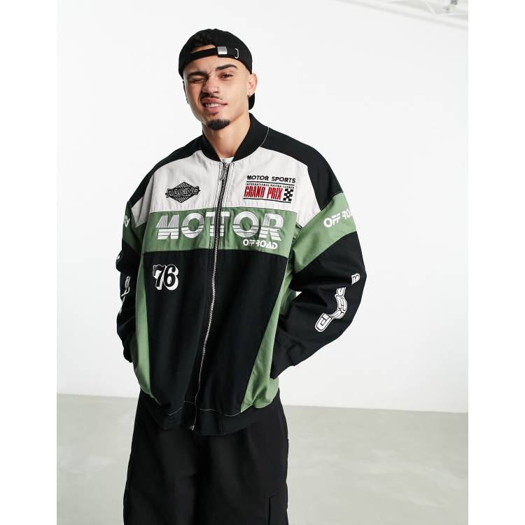 Bershka denim motorcross jacket in black and green | ASOS
