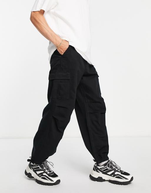 Bershka denim parachute cargo trousers in black