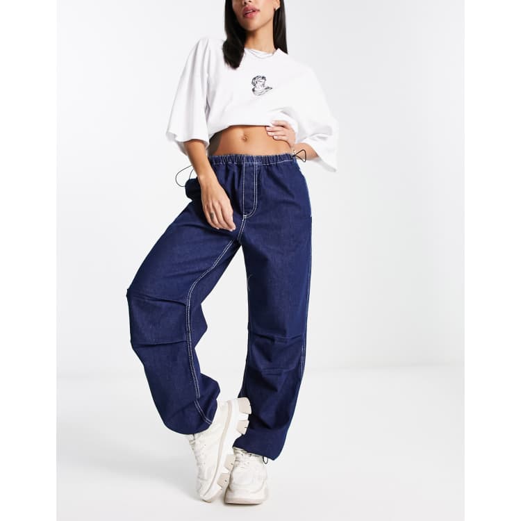 pasta Preguntarse Desventaja Bershka denim parachute pants in blue | ASOS