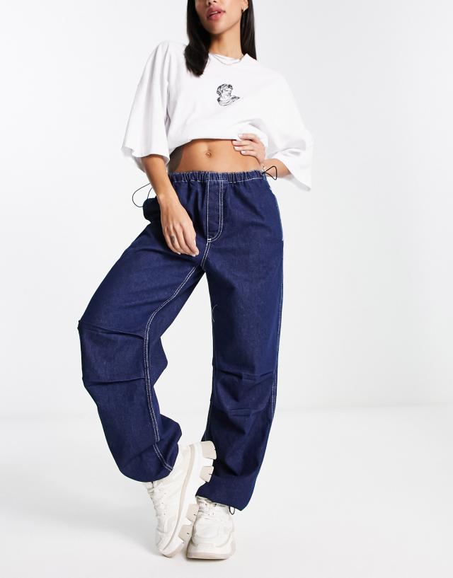 Bershka denim parachute pants in blue