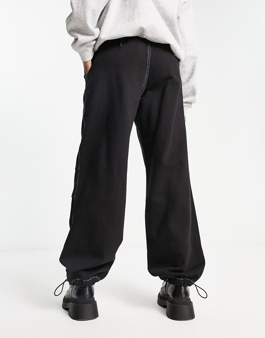 Bershka denim parachute pants with contrast stitch in black