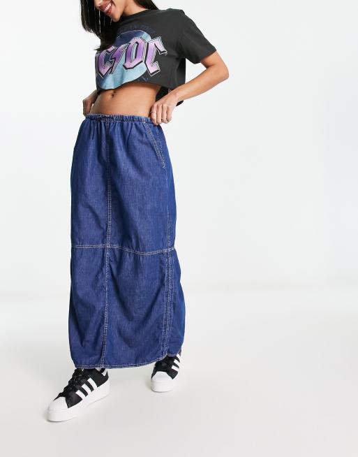 Bershka denim parachute skirt in mid blue