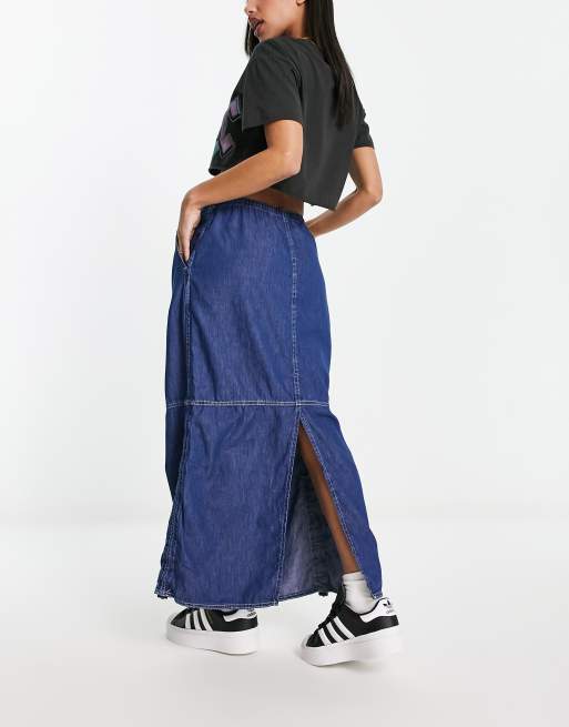 Bershka denim parachute skirt in mid blue | ASOS