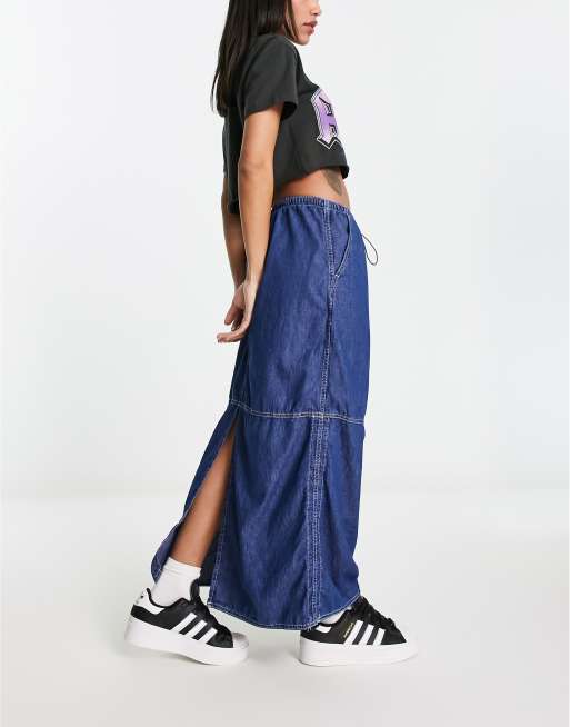 Bershka denim parachute skirt in mid blue