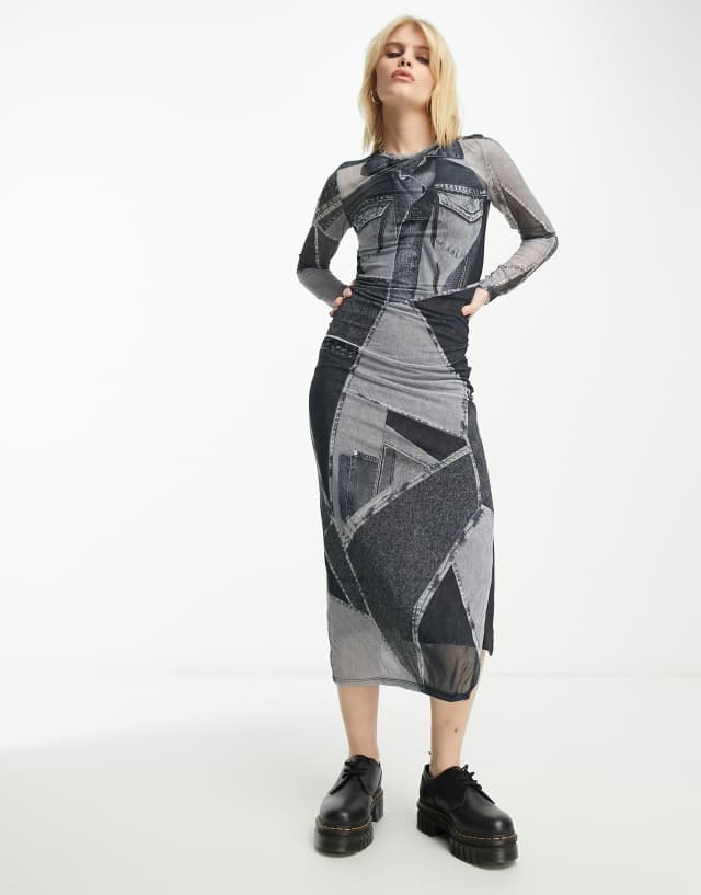 Bershka denim patchwork mesh midaxi dress in dark gray