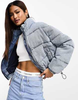 Bershka denim varsity jacket with patches in blue, Compare