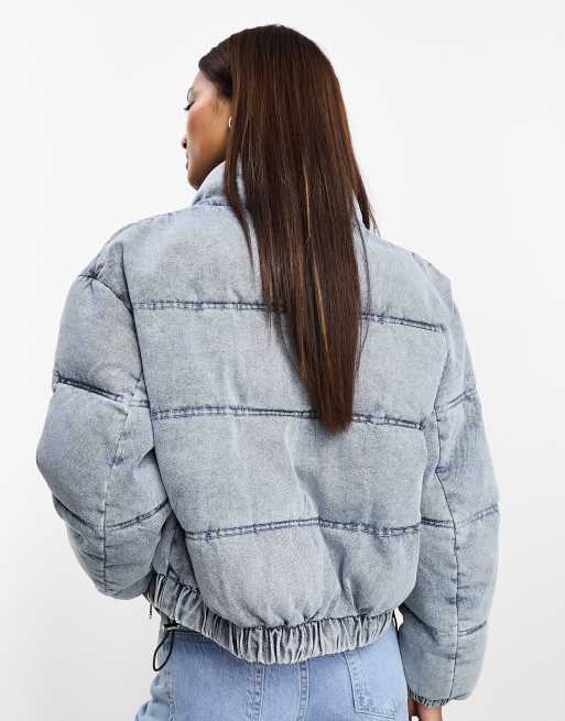 Bershka cropped puffer jacket in blue