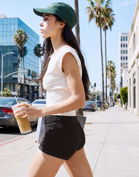 Bershka Denim roll-up shorts in black