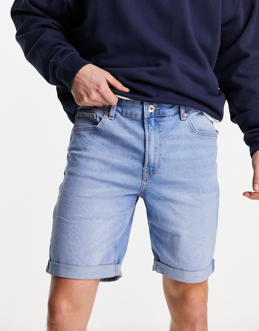 denim roll up shorts in mid blue