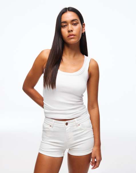 Bershka Denim roll-up shorts in white - view 1