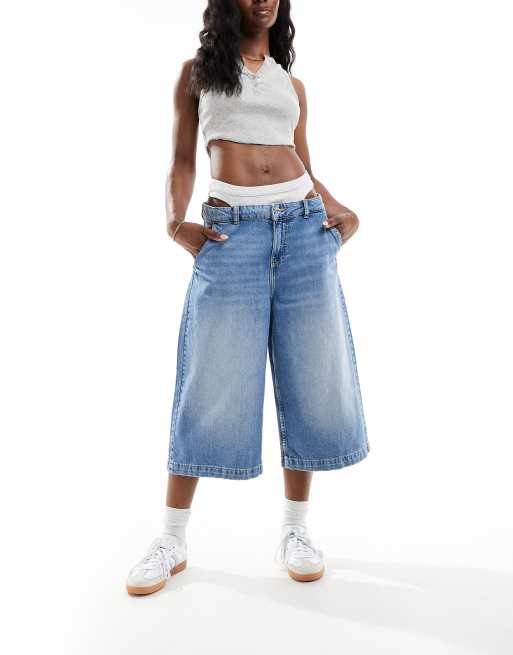 Bershka - Denim short met lange pasvorm, tailleband in ondergoedstijl en mid-wash in blauw