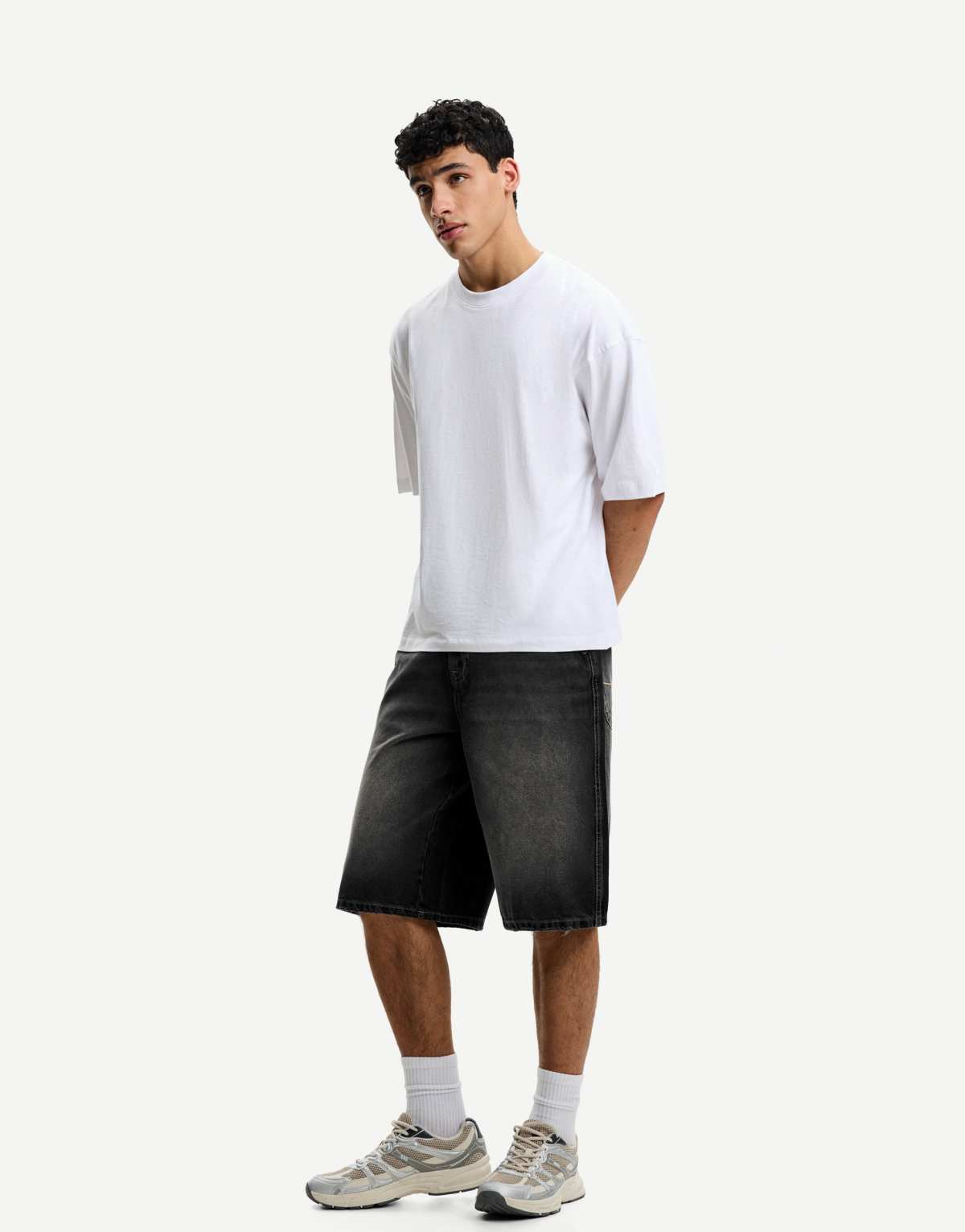 Bershka denim skater bermuda shorts in black