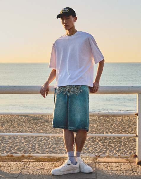 Bershka - Denim skater-bermudashort met borduursels in blauw - view 1