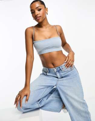 Bershka denim strappy bra top with rhinestone detail