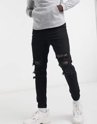 BERSHKA DENIM SWEATPANTS WITH RIPS IN BLACK,254/179/800-US