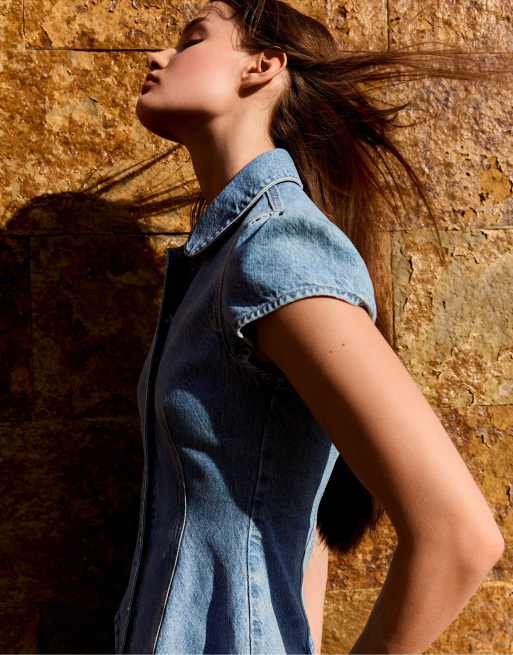 Bershka denim top met ballonpasvorm en korte mouwen in middenblauw, 2 van 4