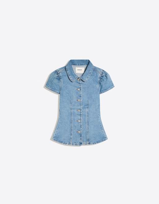 Bershka denim top met ballonpasvorm en korte mouwen in middenblauw, 4 van 4