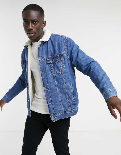 Bershka denim trucker jacket with borg collar in blue | ASOS