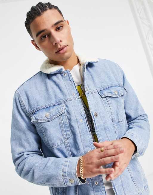 Bershka denim trucker jacket with teddy collar in light blue | ASOS