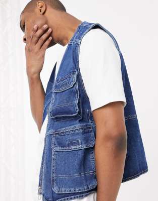 Bershka denim utility gilet in dark blue