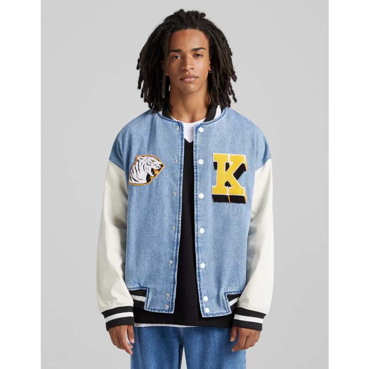 ASOS DESIGN denim varsity jacket in blue and white