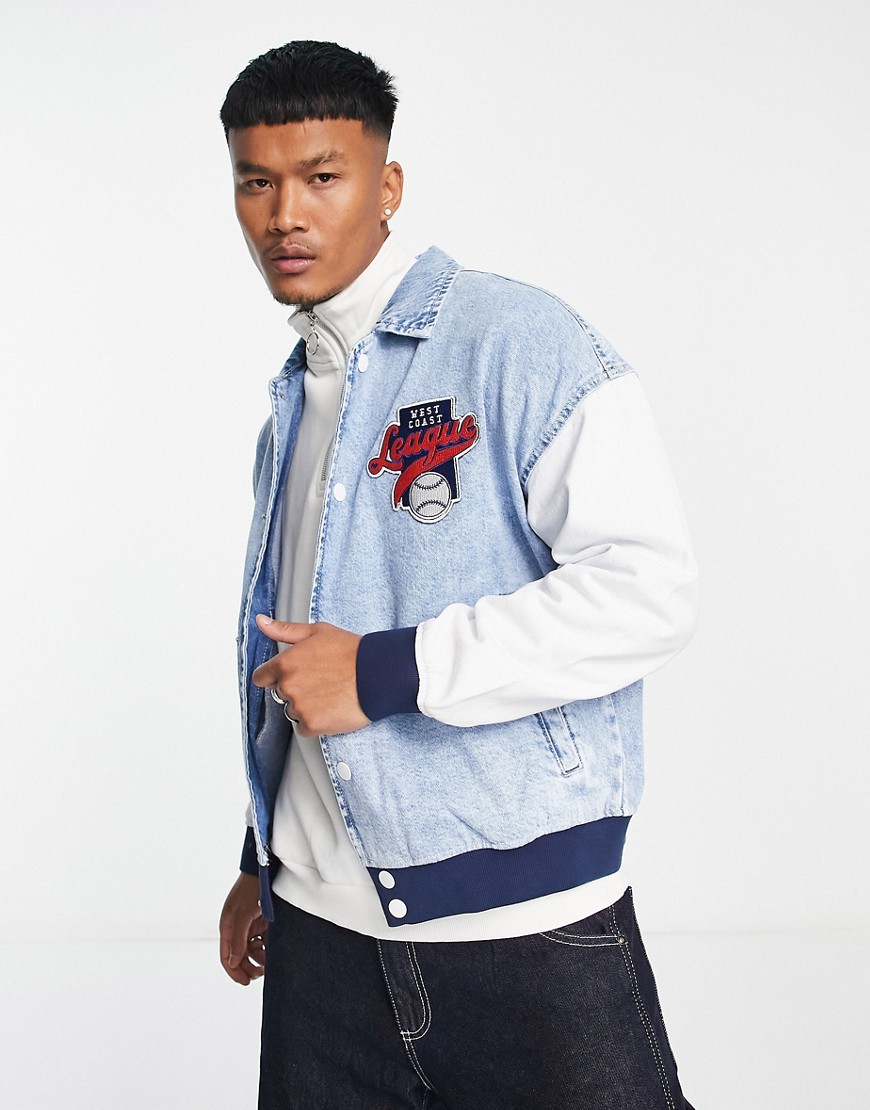 Bershka denim varsity jacket with patches in blue