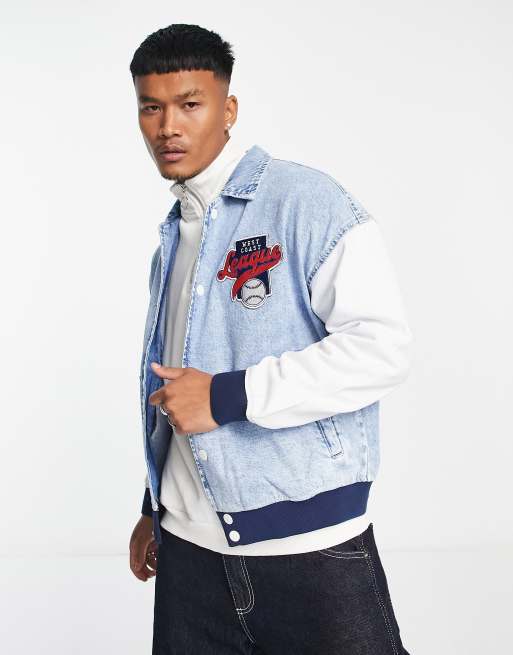 Denim varsity jacket with contrast sleeves best sale