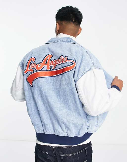 ASOS DESIGN denim varsity jacket in blue and white