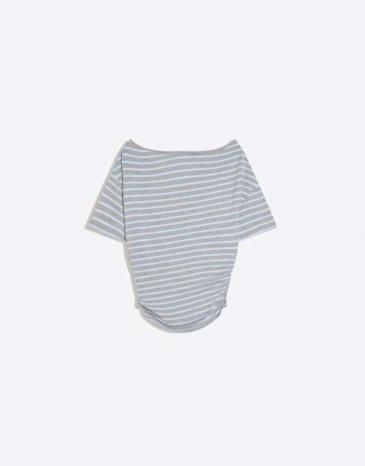 Bershka - Denimblå asymmetrisk T-shirt med korte ærmer og print, 6 af 6
