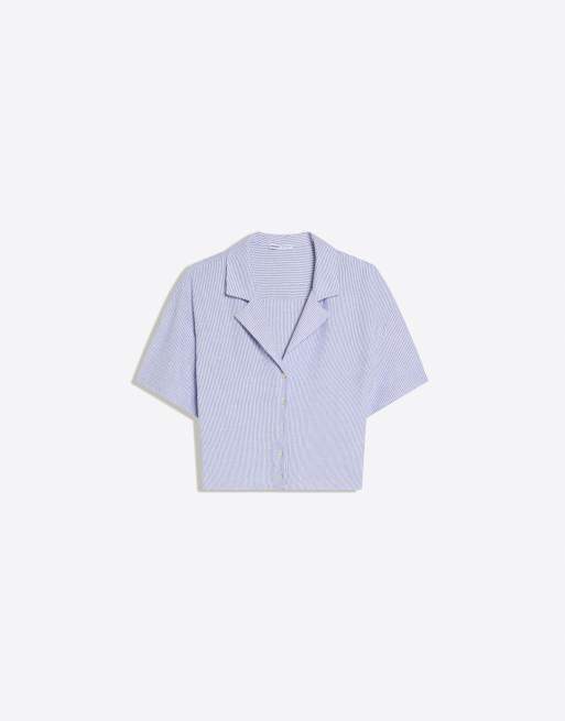 Bershka – Denimblå, rustik skjorta med korta ärmar, 4 av 4
