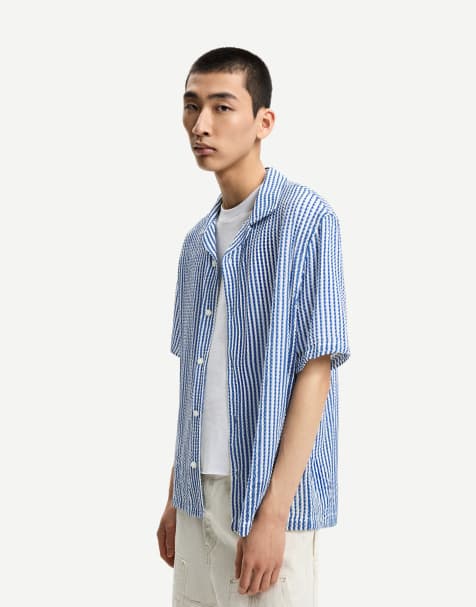 Bershka - Denimblå skjorte med korte ærmer og striber - view 1