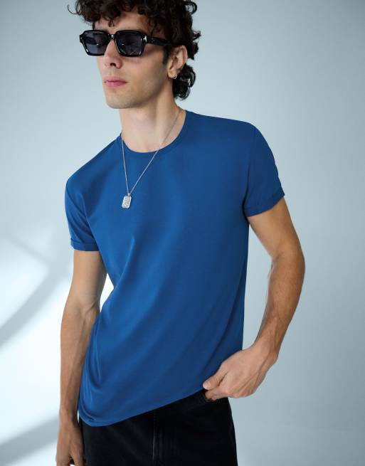 Bershka - Denimblå T-shirt med korte opsmøgede ærmer, 2 af 6