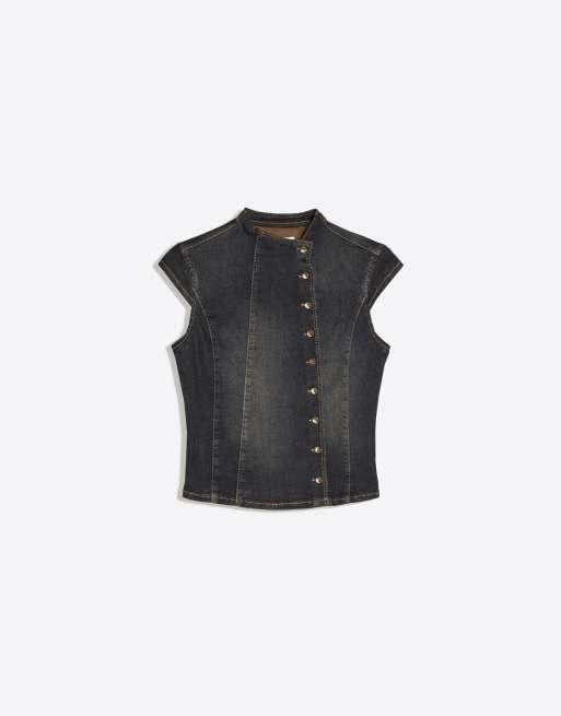 Bershka denimtop med krydsknapning i denimblå, 5 af 5