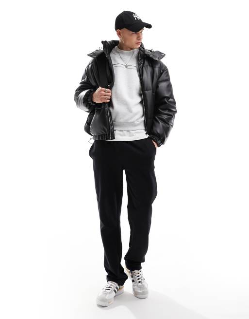 Bershka detachable hooded faux leather puffer in black, 2 of 4