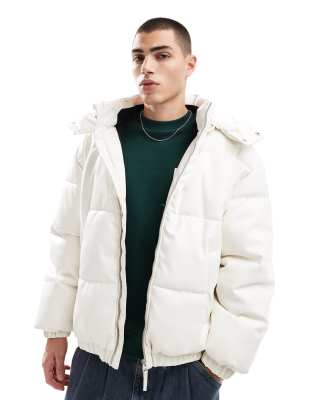 detachable hooded faux leather puffer in white