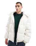 [Bershka] Bershka detachable hooded faux leather puffer in white L WHITE