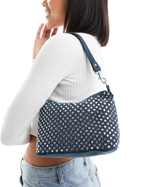 Bershka diamante shoulder bag in blue denim | ASOS