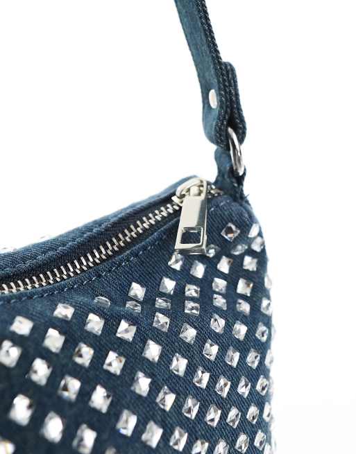 Bershka diamante shoulder bag in blue denim | ASOS