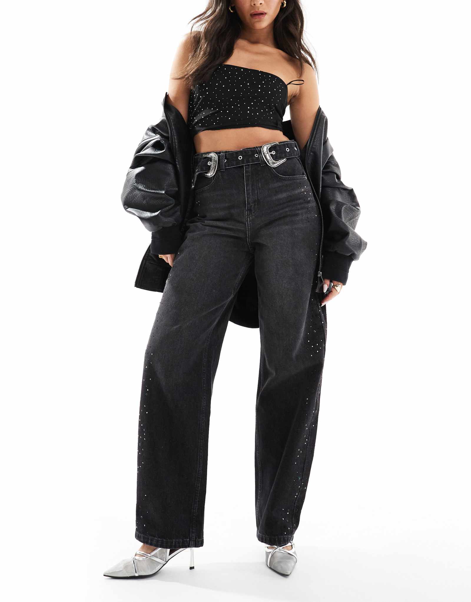 Широкие джинсы Bershka diamante western черного цвета со стразами