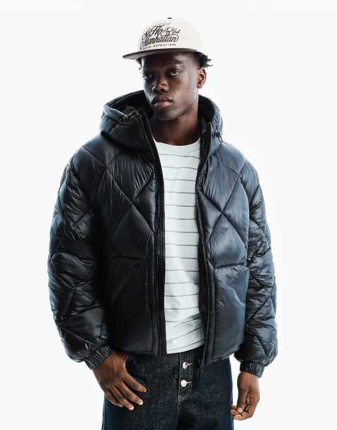 Bershka Diamond-quilted technical hooded jacket in black - view 1